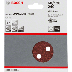 BOSCH C430 (P60, 120, 240) sada brusných papírů 125mm Expert For Wood+Paint, 6 ks